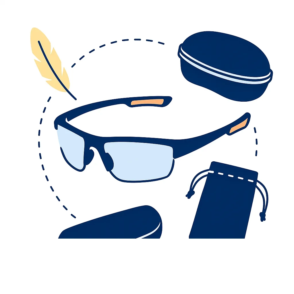 Sport sunglasses displayed with protective hard case, soft pouch and feather icon to stress lightweight portability and care accessories.