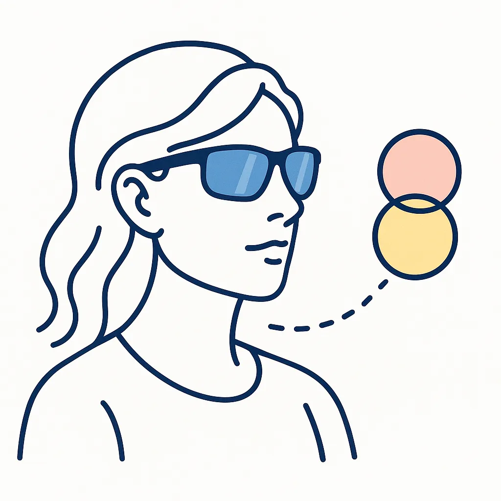 Profile of woman wearing square sunglasses with overlapping pastel circles, symbolizing style choices and fit for smaller faces.