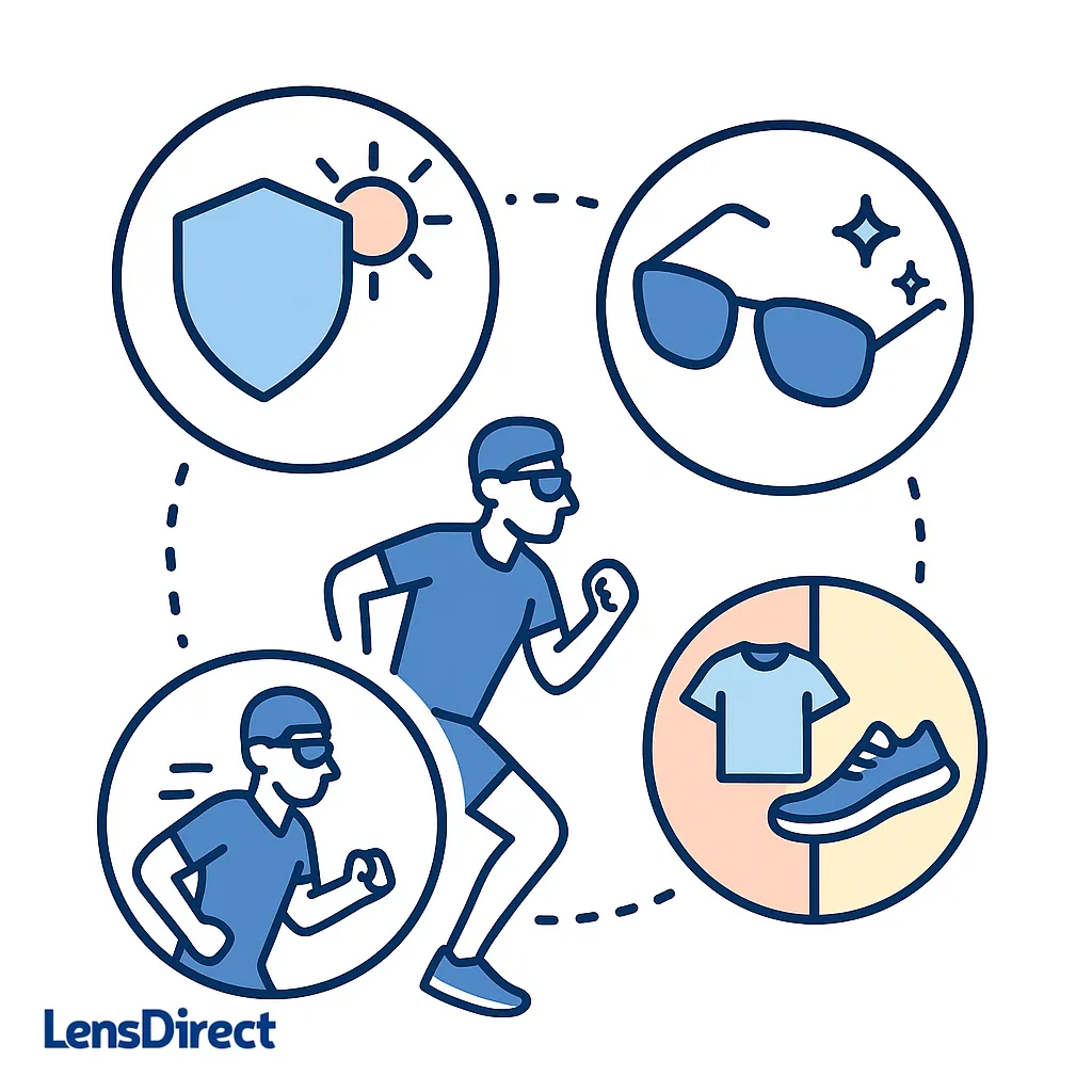 Infographic summarizing key benefits of running sunglasses like UV protection, clarity, comfort and integration with running gear.