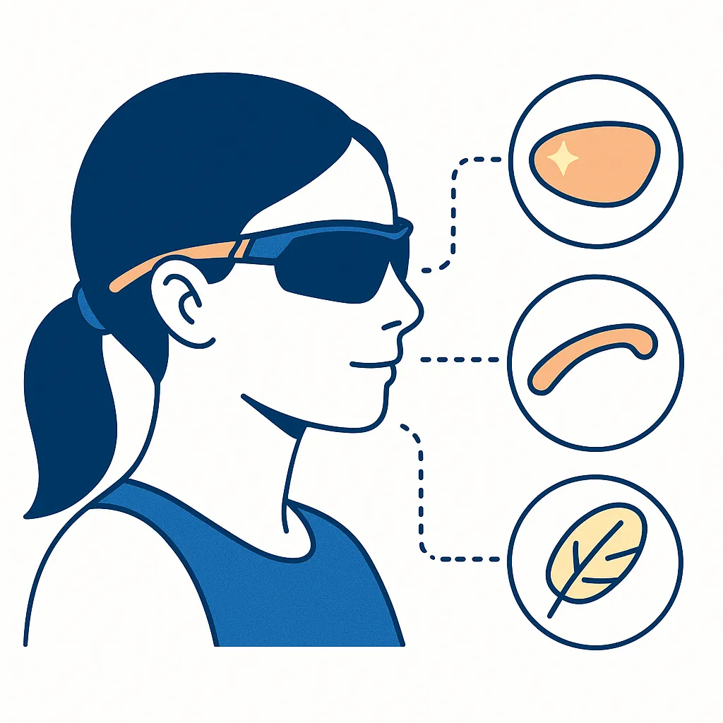 Side profile of woman runner wearing wraparound sunglasses, with icons for shining lenses, curved ergonomic design and feather-light materials.