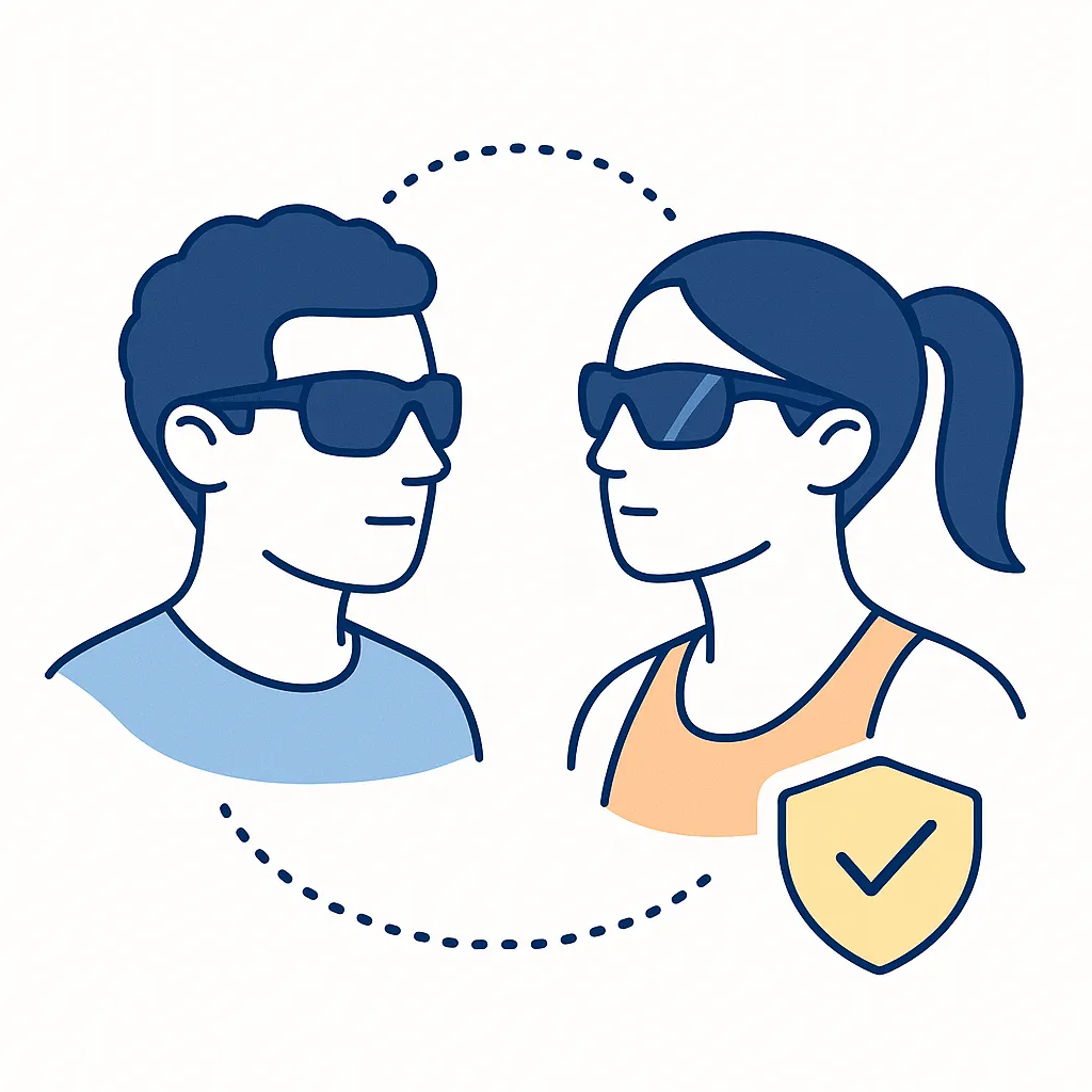 Man and woman wearing matching sport sunglasses with a check-mark shield, illustrating unisex styles offering trusted protection.