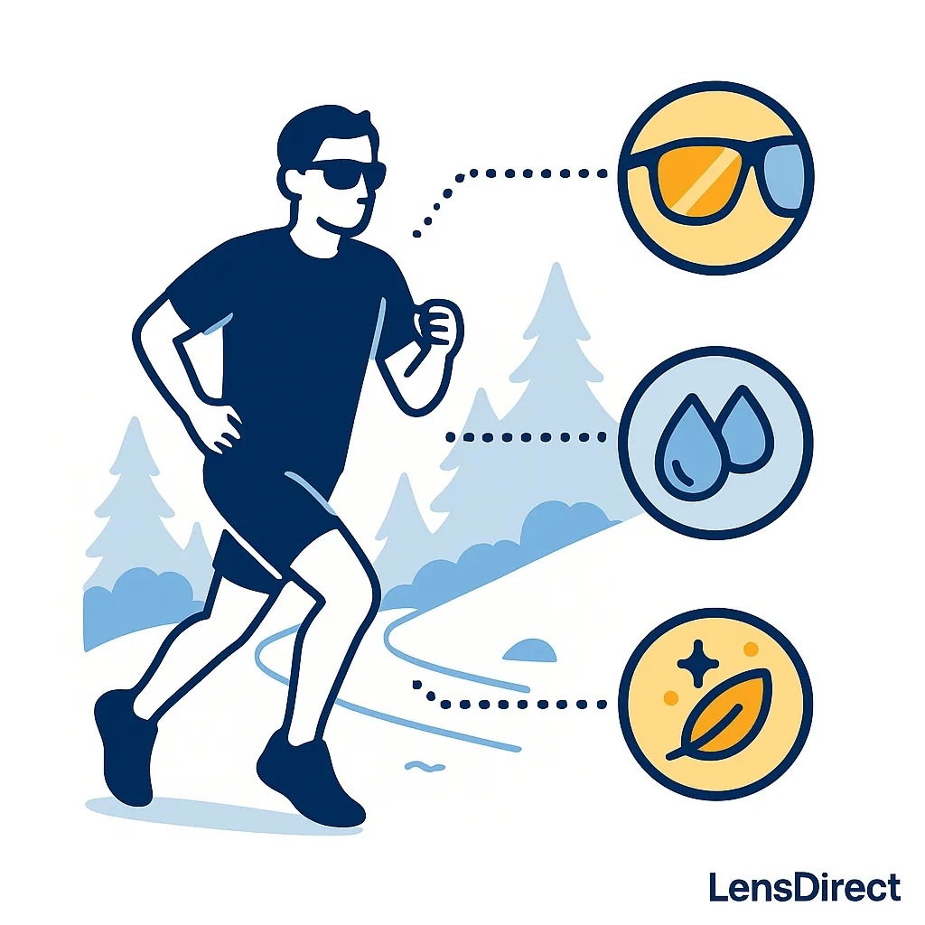 Runner in forested trail with callouts for polarized lenses, hydrophobic coatings and durable materials representing premium trail eyewear.