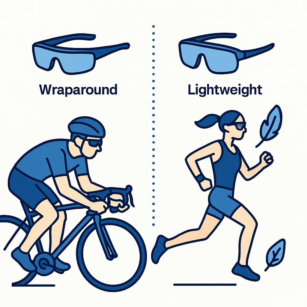 Side-by-side illustration comparing wraparound glasses used by a cyclist and lightweight glasses worn by a runner, with leaves signifying lightness.