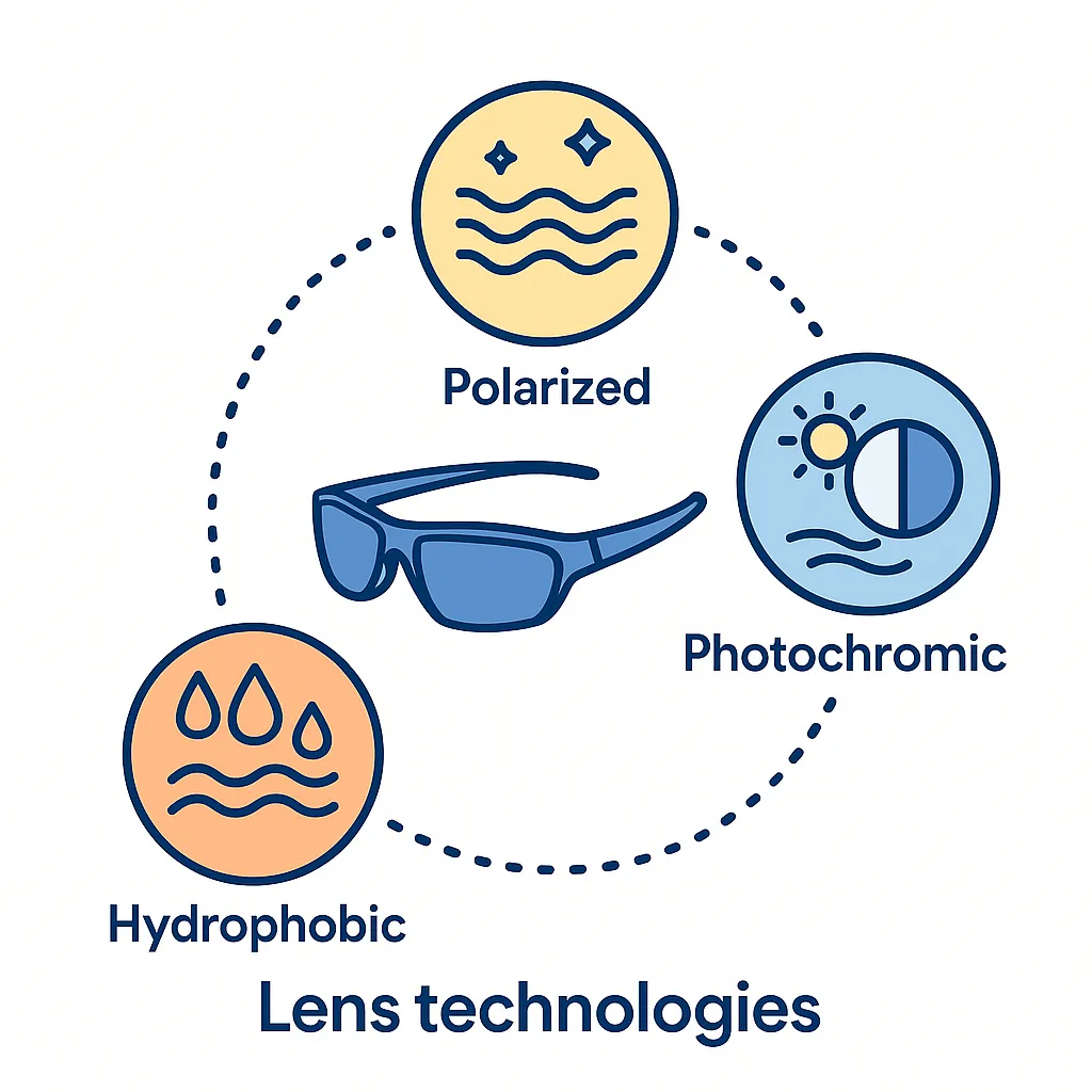 Central sunglasses linked to icons representing polarized, photochromic and hydrophobic lens technologies for varying light and weather.