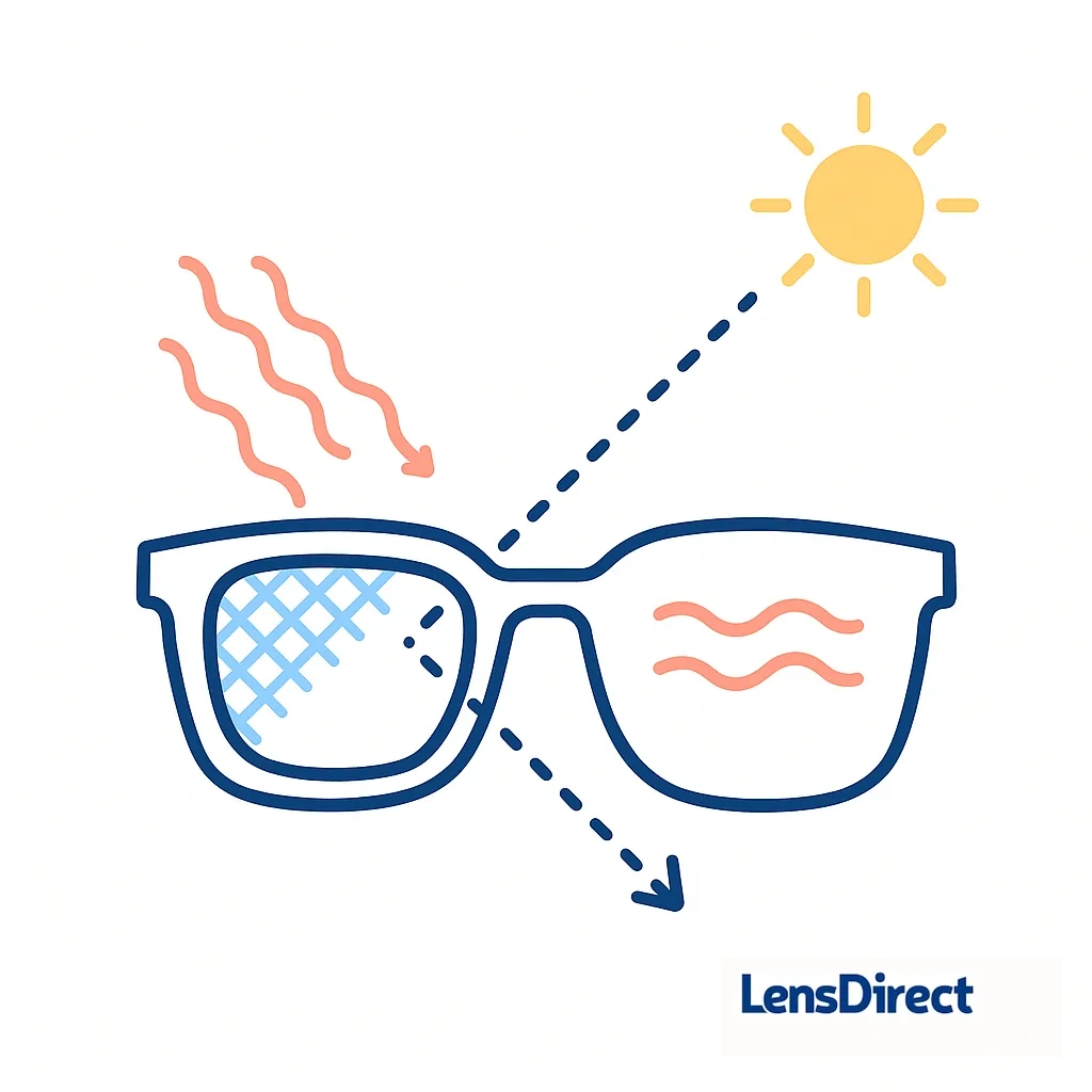 Diagram of sunglasses showing sun rays filtered differently on each lens to demonstrate lens tints and glare reduction.