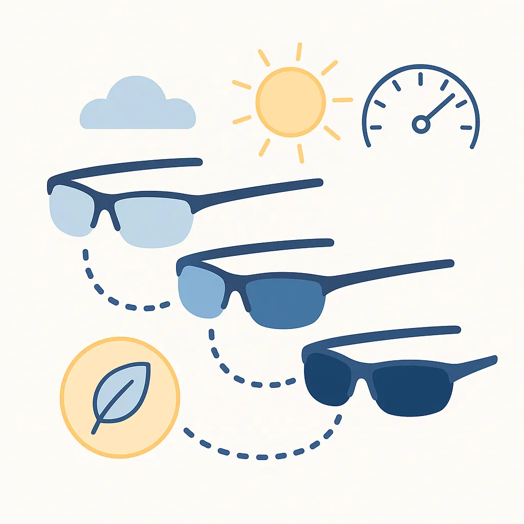 Series of three sunglasses transitioning from clear to dark lenses with icons of clouds, sun, gauge and leaf illustrating photochromic adaptability.