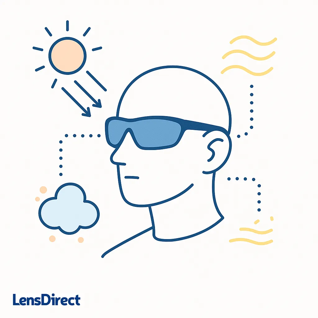 Illustration showing a person wearing wraparound sunglasses shielding eyes from sun rays, representing UV protection and glare reduction.