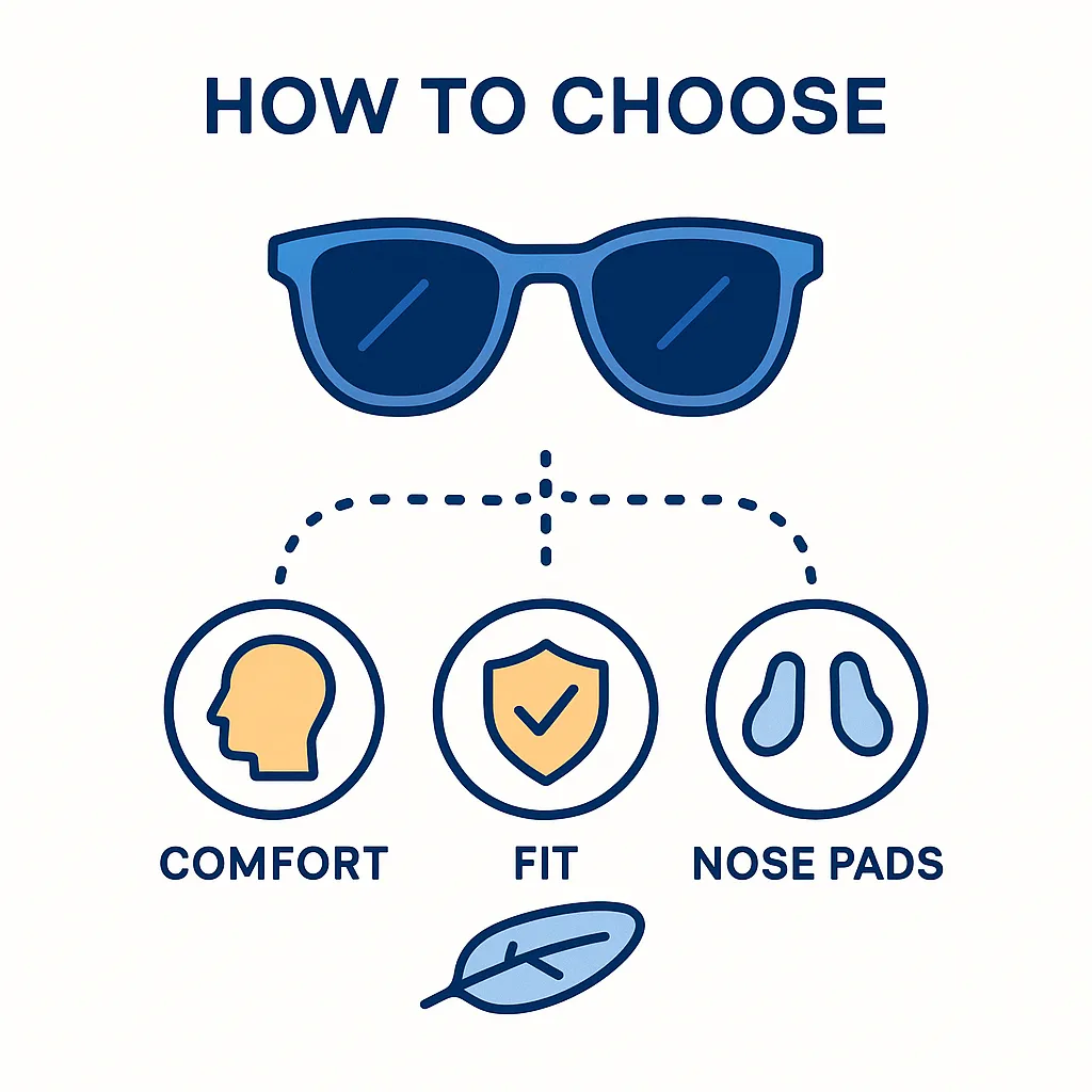 Guide illustration showing sunglasses and decision factors like comfort, secure fit, nose pads and lightness to help choose running sunglasses.