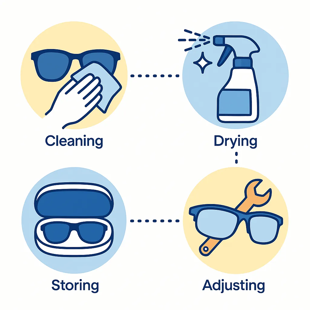 Infographic with four circles illustrating sunglasses care steps: cleaning with cloth, drying with spray, storing in case and adjusting frames.