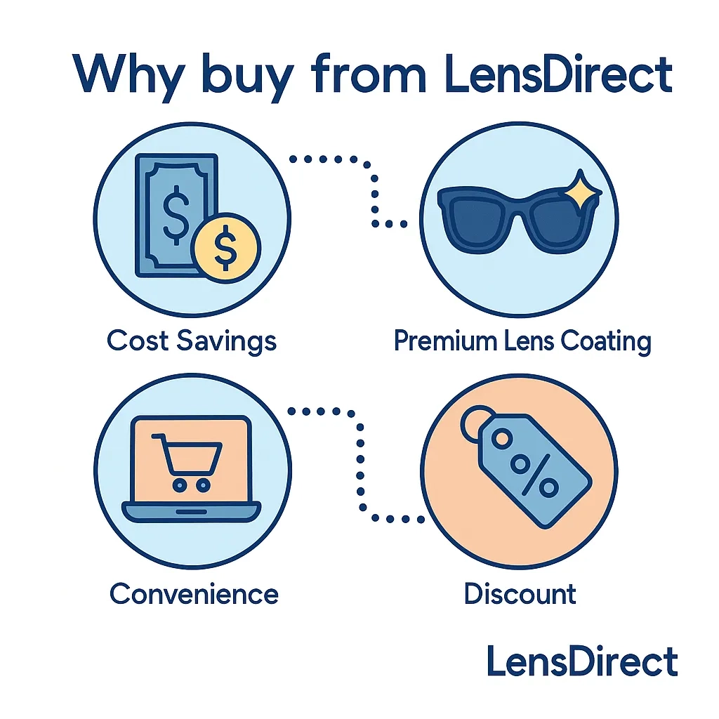 Infographic illustrating reasons to buy from LensDirect including cost savings, premium lens coatings, online convenience and discounts.
