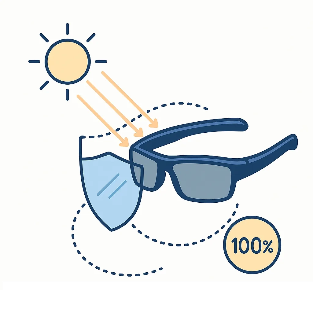 Illustration of sunglasses and shield deflecting sunlight with 100 percent symbol, representing full UV protection and glare reduction.