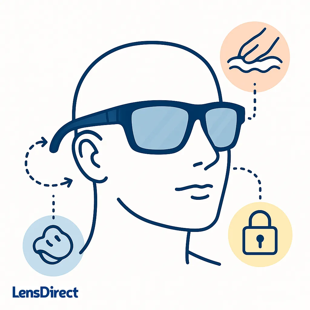 Diagram of head wearing sunglasses with icons for soft cleaning cloth, anti-slip grip and secure locking arms to highlight comfort and fit.