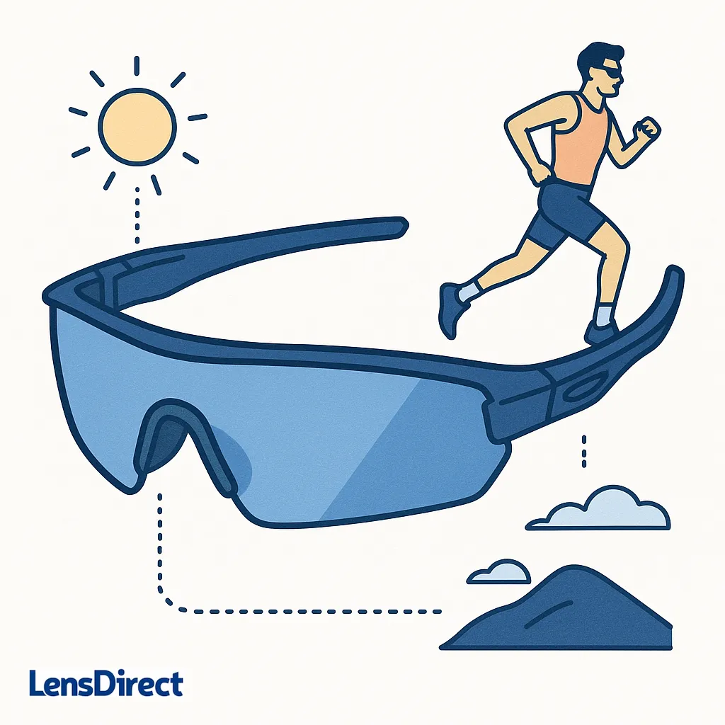 Large sport sunglasses serve as a trail with a runner on top, symbolizing how eyewear supports performance on hills and under the sun.