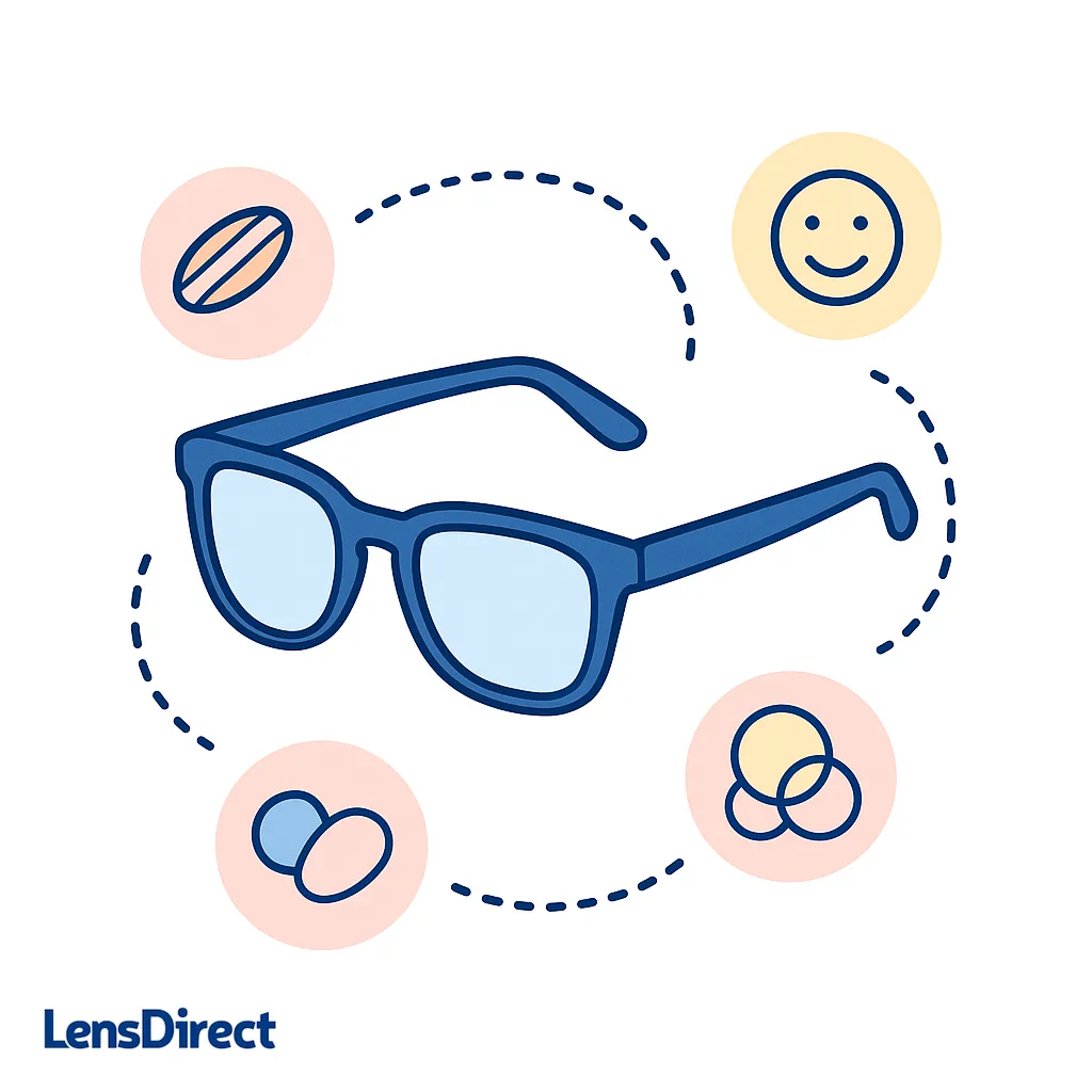 Stylish lifestyle sunglasses surrounded by icons representing lens shape, color choices, comfort and affordability for casual running.