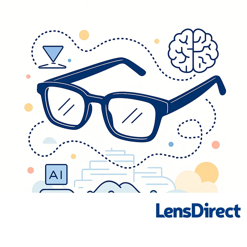 Illustration of classic frames surrounded by swirling dotted lines, AI and brain icons, representing the emerging world of smart glasses.