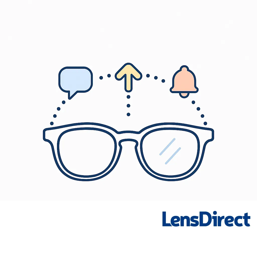 Minimalist graphic of glasses receiving chat bubble, upward arrow and bell notifications, illustrating glanceable alerts.
