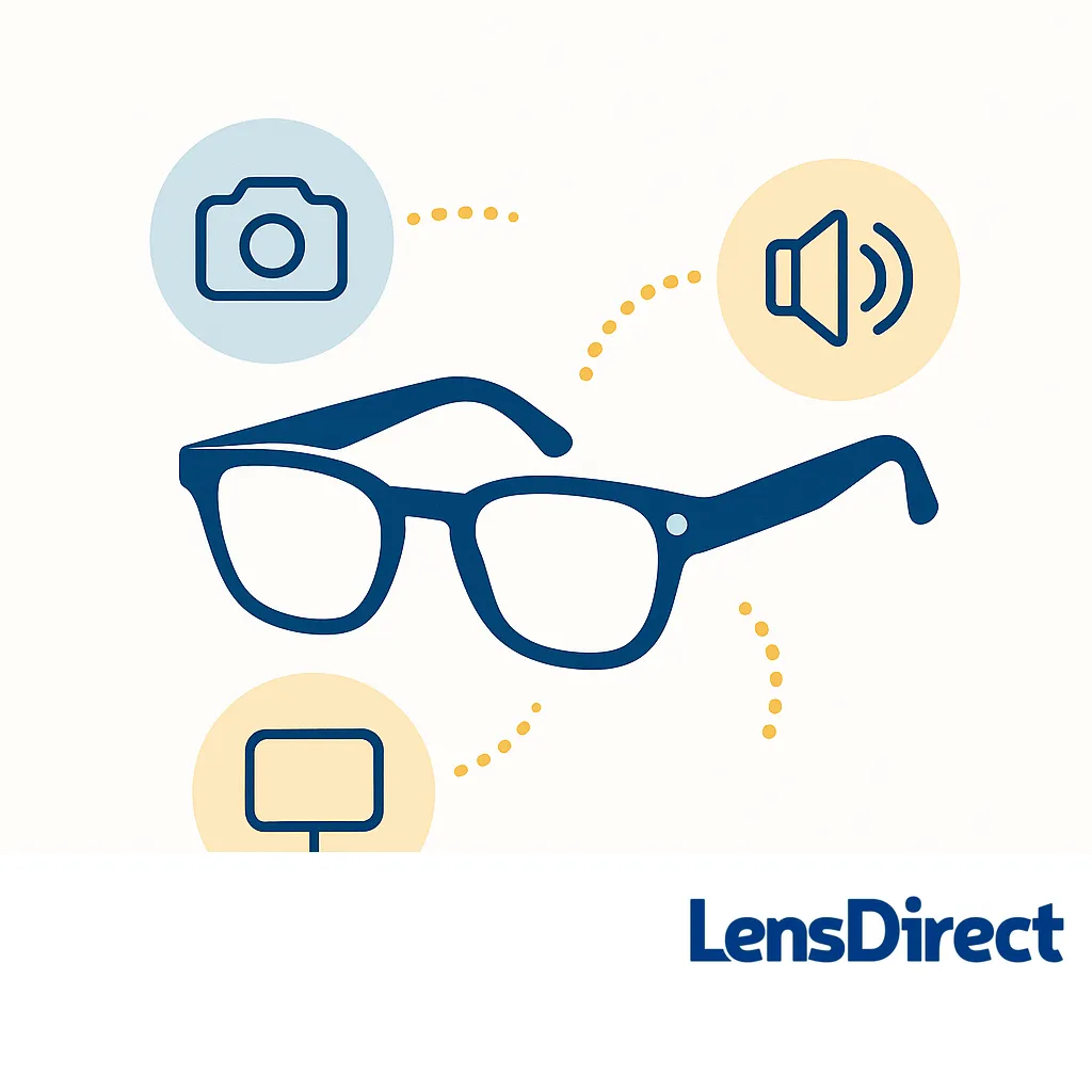 Clean illustration of glasses linked to a camera icon, speaker symbol and information panel, highlighting multimedia features.