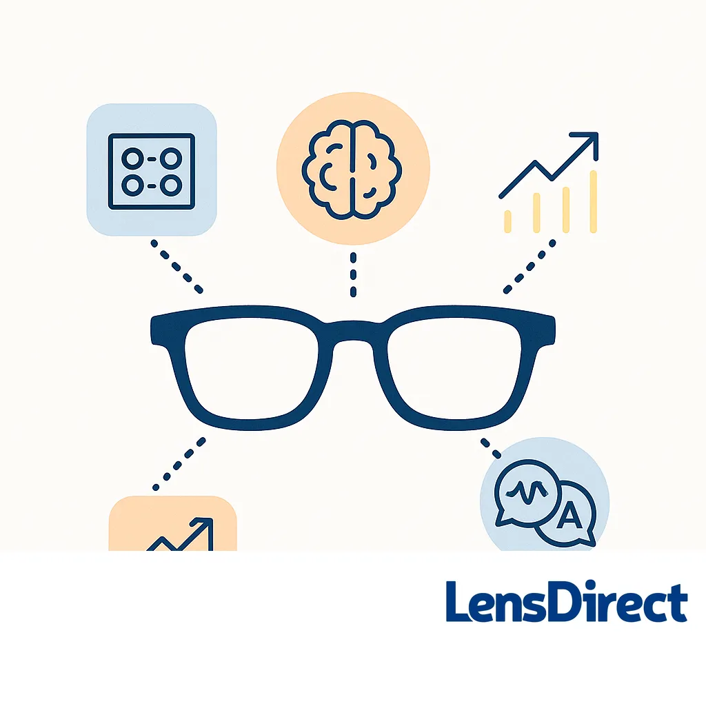 Minimal glasses with icons for processors, brain, performance graphs and translation, symbolizing cognitive and productivity improvements.