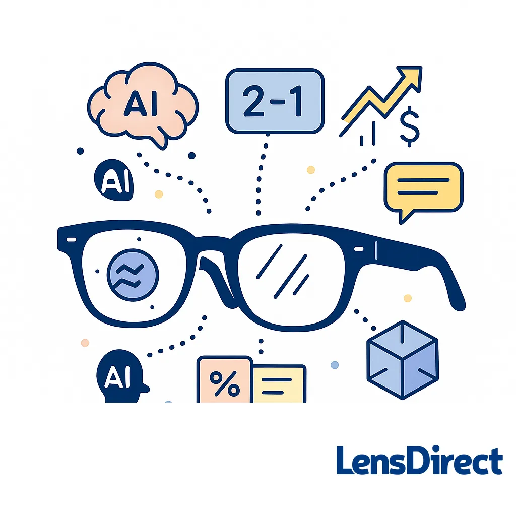 Stylized spectacles surrounded by icons for AI, math, finance and chat, portraying smart glasses as tools for learning and collaboration.