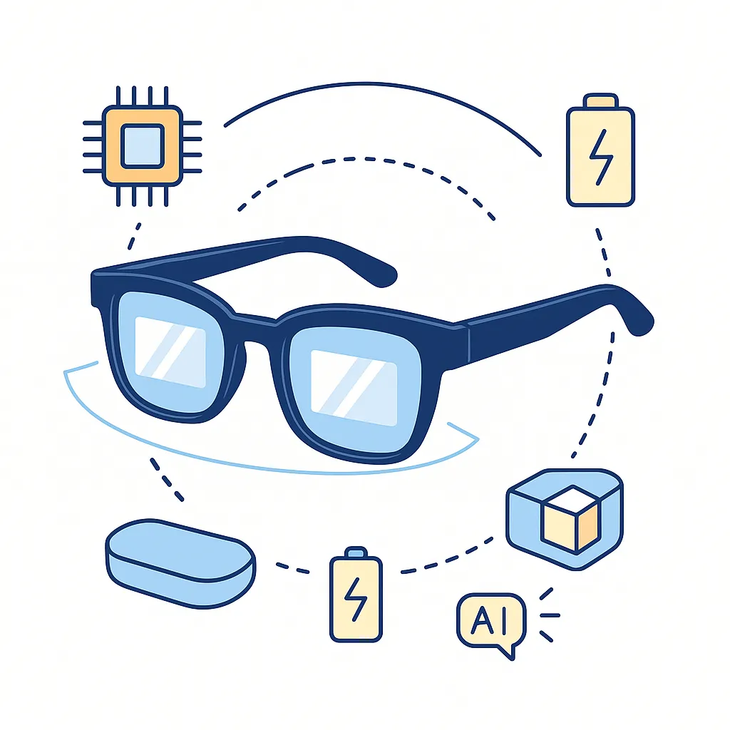 Smart frames encircled by circuit chips, battery icons, charging case and AI bubble, summarizing hardware specifications and power management.
