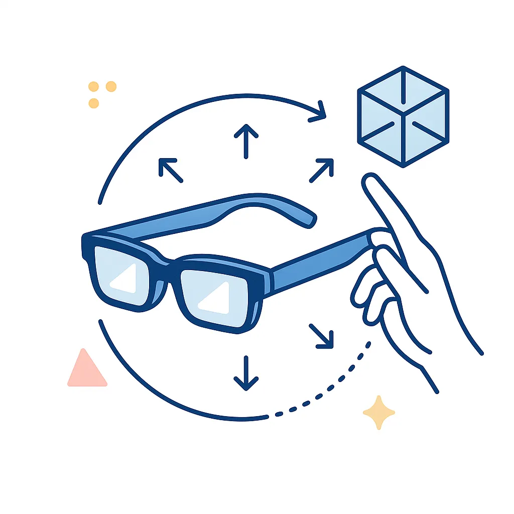 Illustration of glasses encircled by arrows and a hand poised to interact, conveying gesture-based controls and 3-D manipulation.