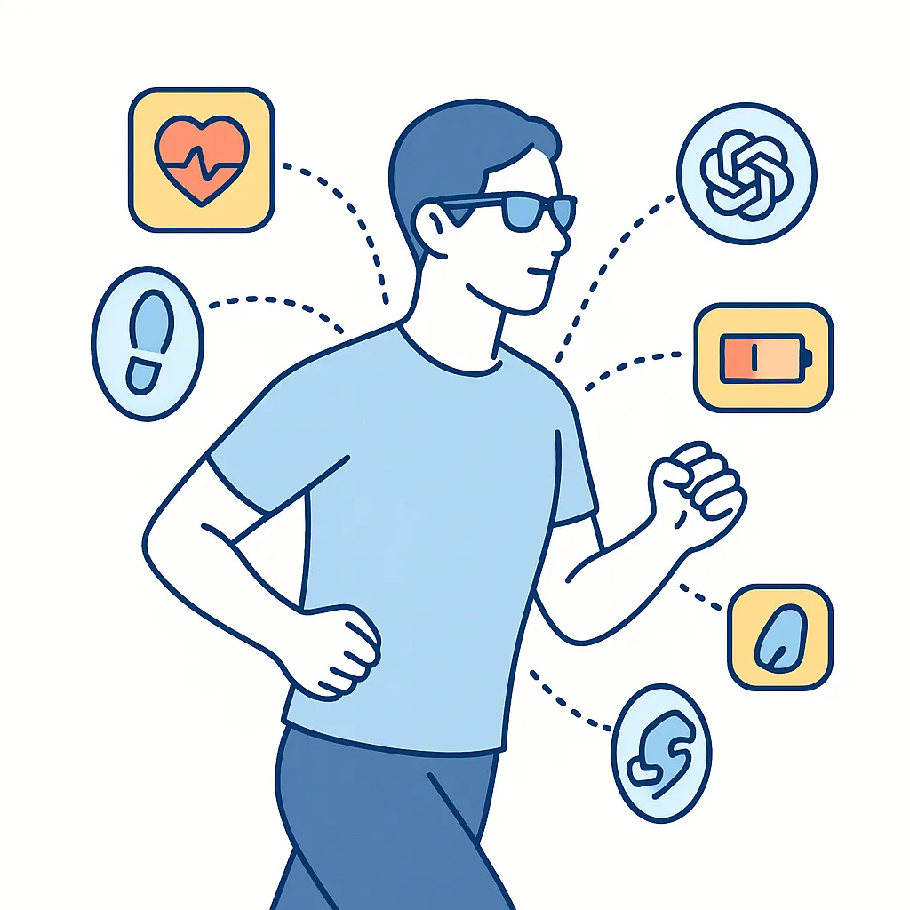 Runner wearing smart glasses with icons for heart rate, steps, AI assistant, battery and earbuds, showcasing health and fitness monitoring.