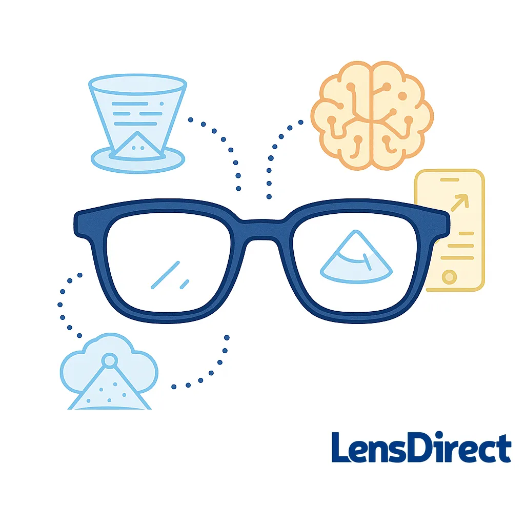 Graphic showing smart glasses with icons for digital overlay, brain augmentation, smartphone integration and outdoor scenery to depict different categories.