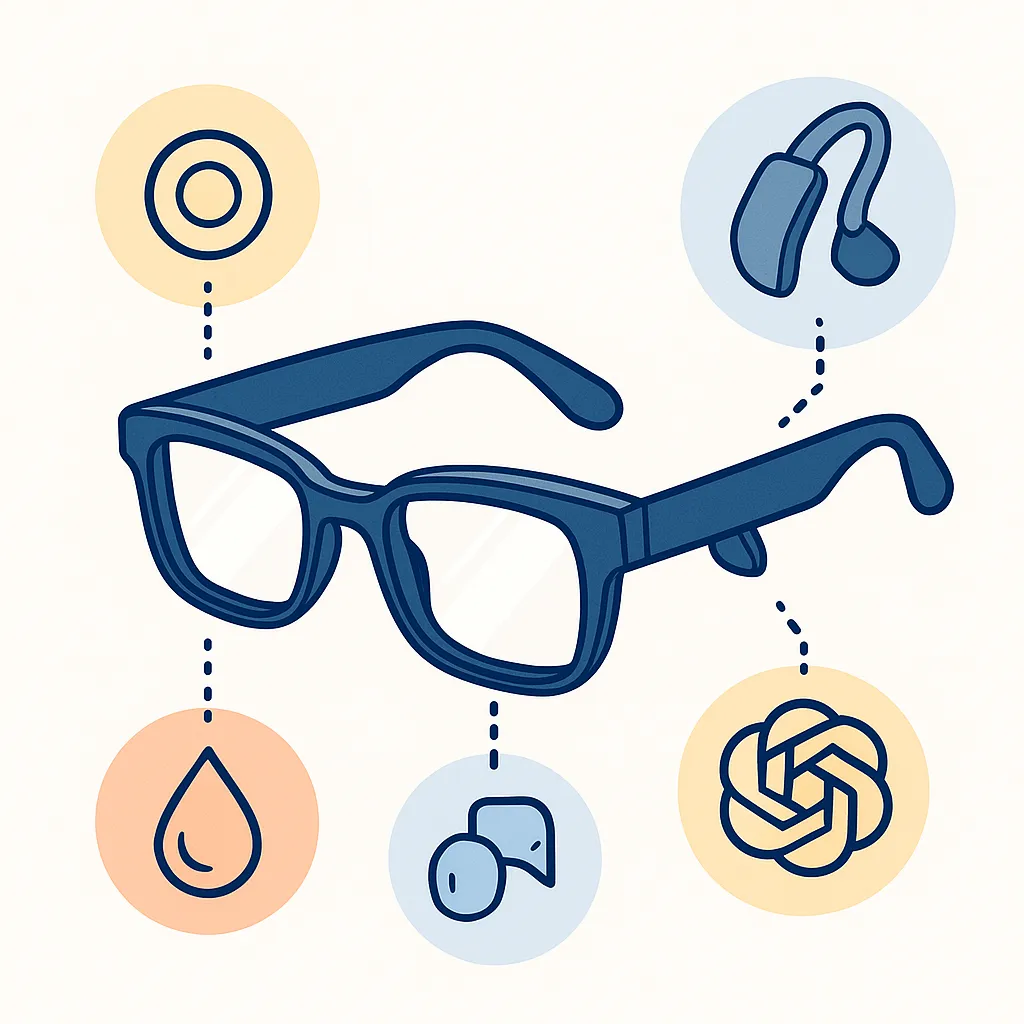 Smart frames linked to icons for sensors, water-resistance, camera modules, AI assistant and bone-conduction speakers to emphasize wellness.