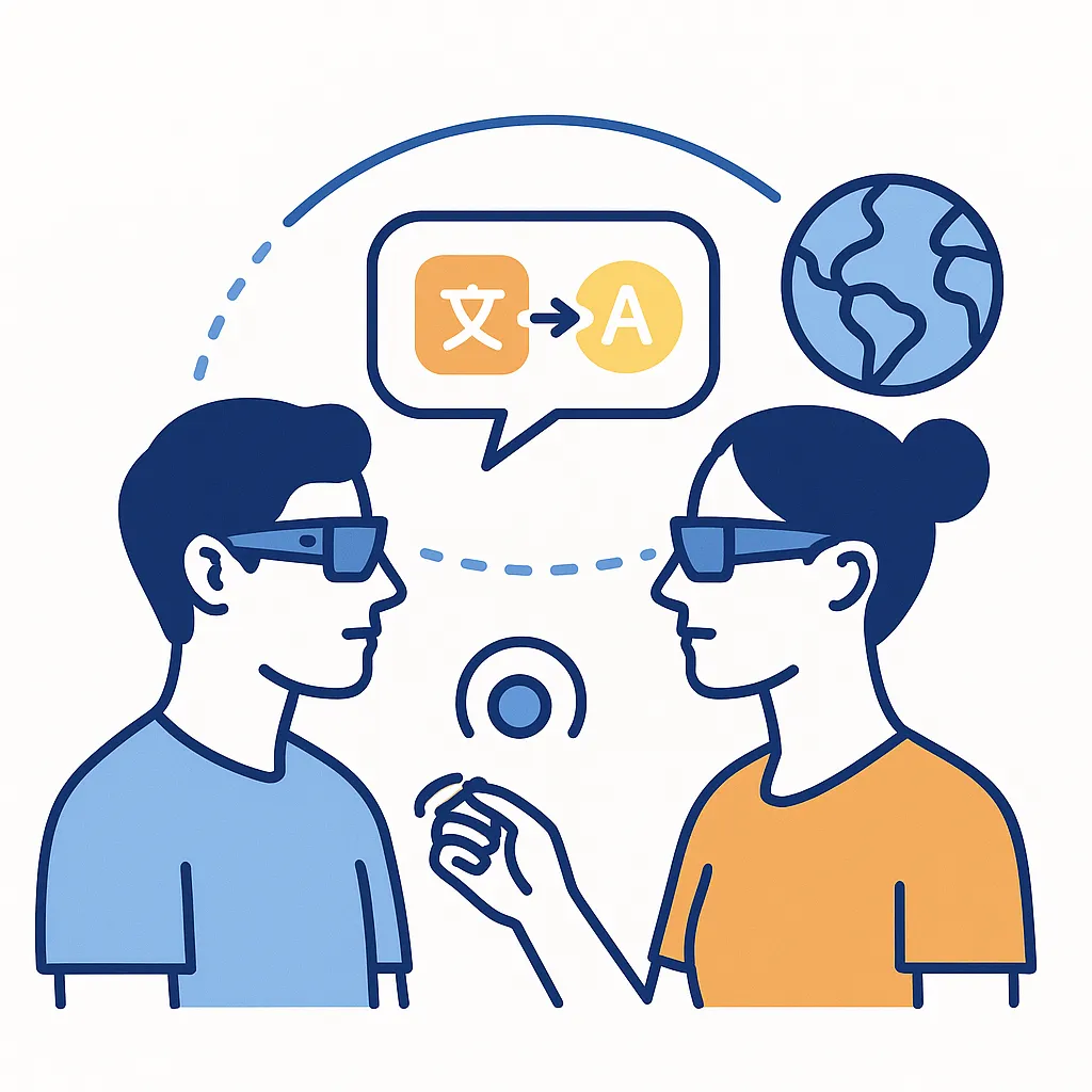 Two people wearing smart glasses have a multilingual exchange, with translation icon and globe representing cross-cultural communication.