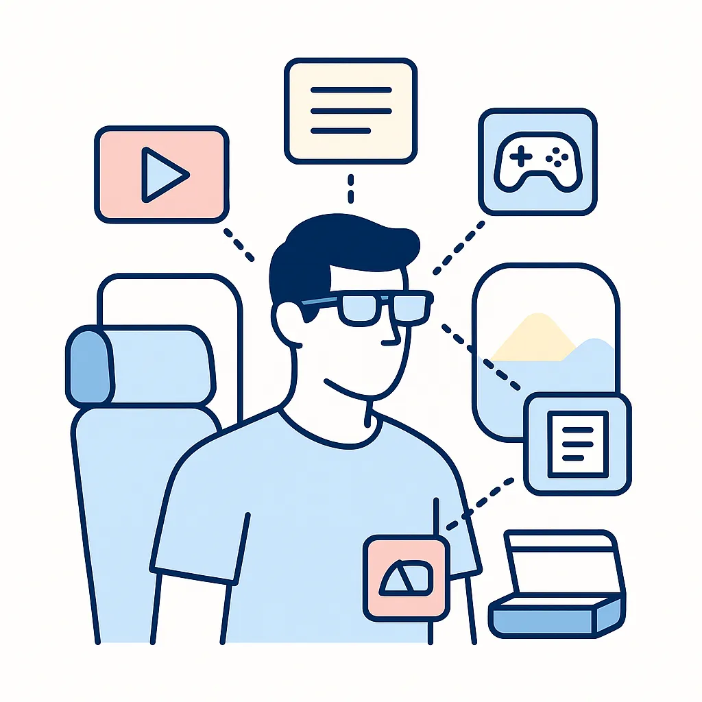 Traveler in transit wearing smart glasses enjoying video, text, gaming and scenic content, reflecting portable entertainment and work.
