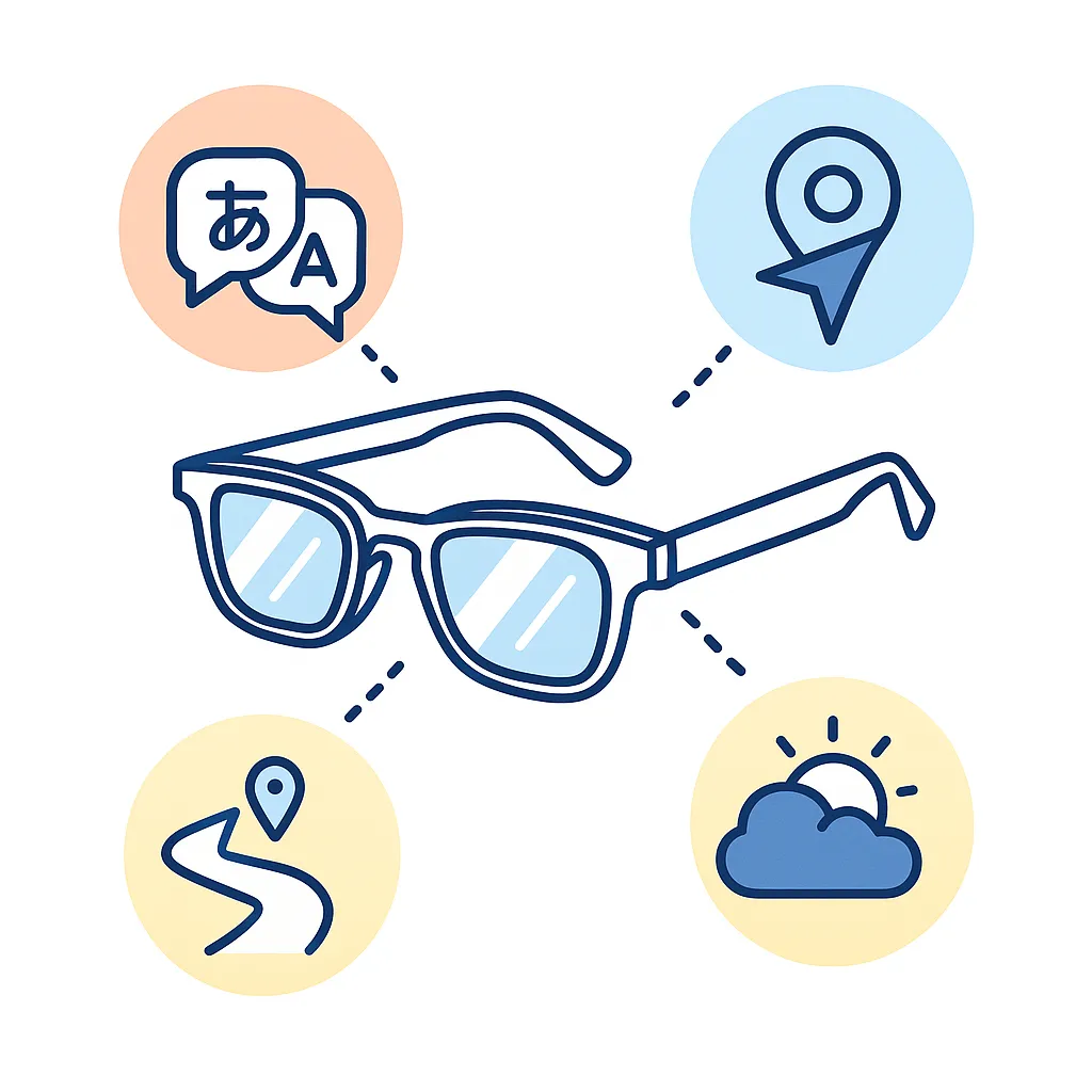 Smart glasses connected to translation, GPS pin, road navigation and weather icons, symbolizing travel-friendly utilities.
