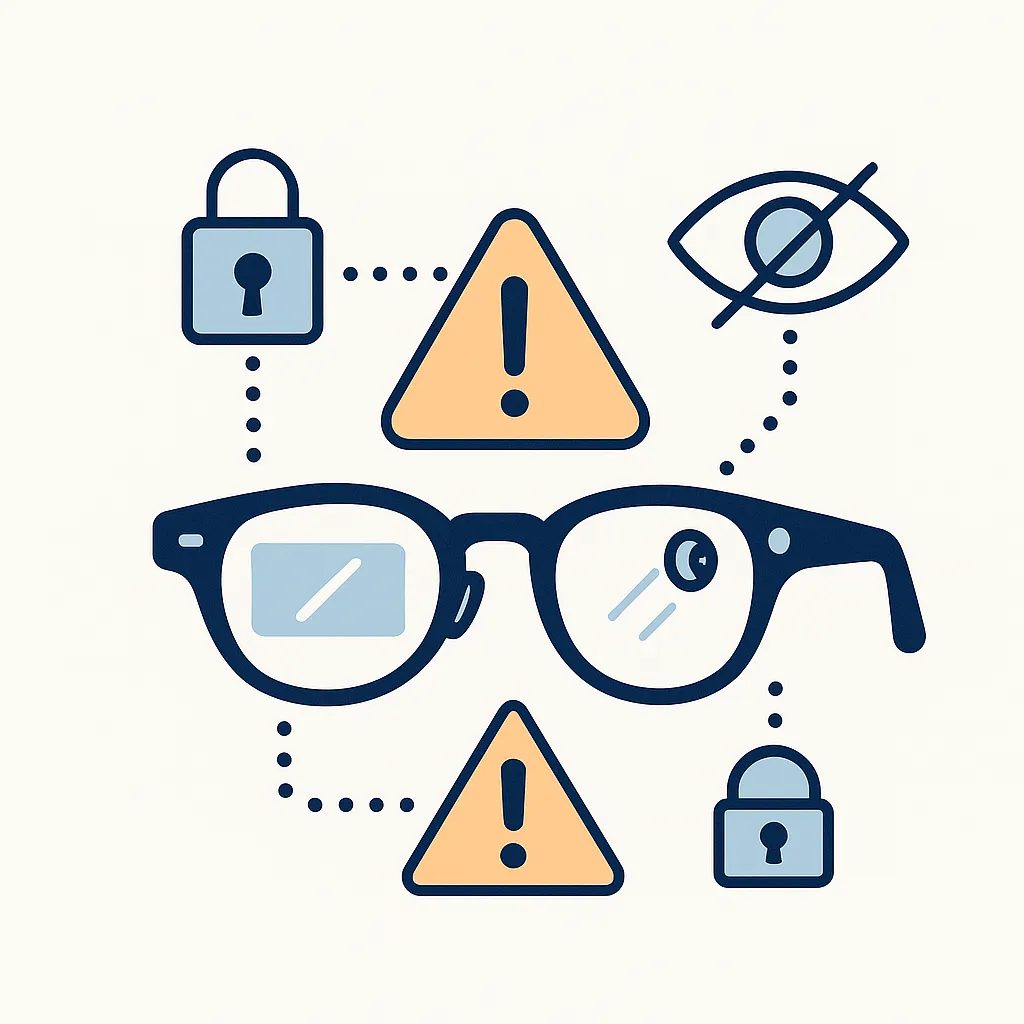 Glasses surrounded by caution triangles, lock symbols and a crossed-out eye, alerting users to potential privacy and security issues.