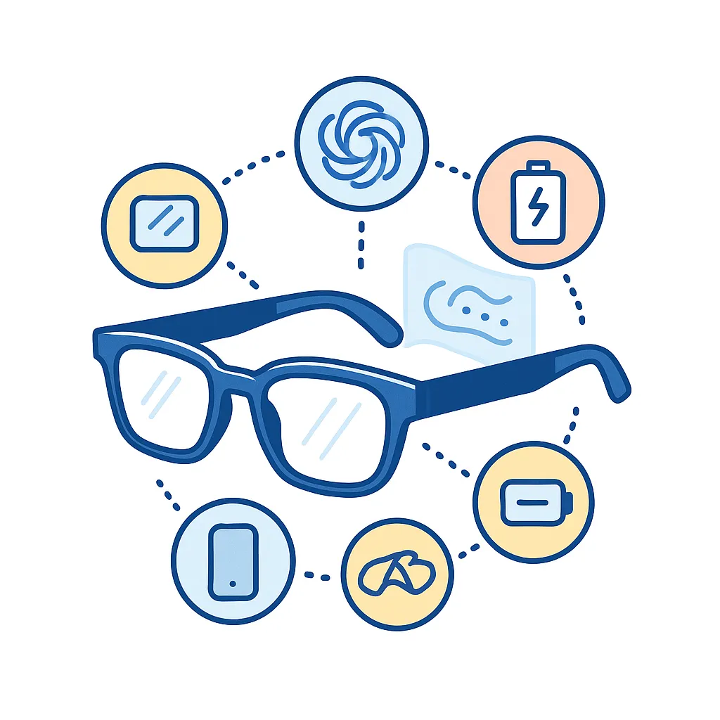 Frames encircled by icons representing processors, AI modules, batteries, smartphones and headphones, illustrating modular components.