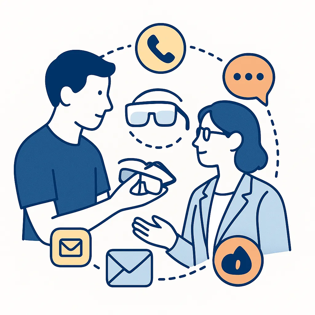 Man passes smart glasses to a colleague with icons for phone, messaging and collaboration, depicting productivity at work.