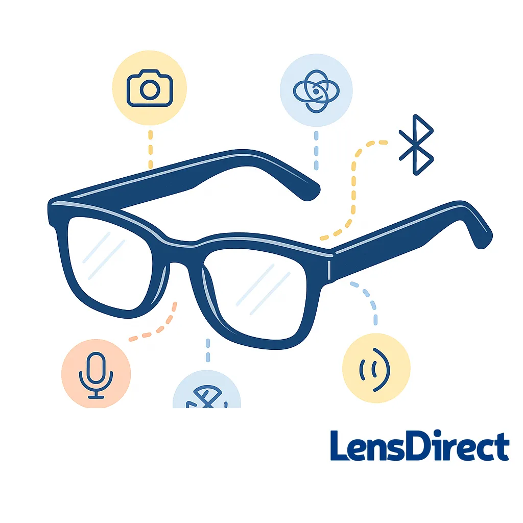 Blue frames encircled by icons for camera, AI chip, microphone, bluetooth and audio, highlighting key hardware and connectivity features.