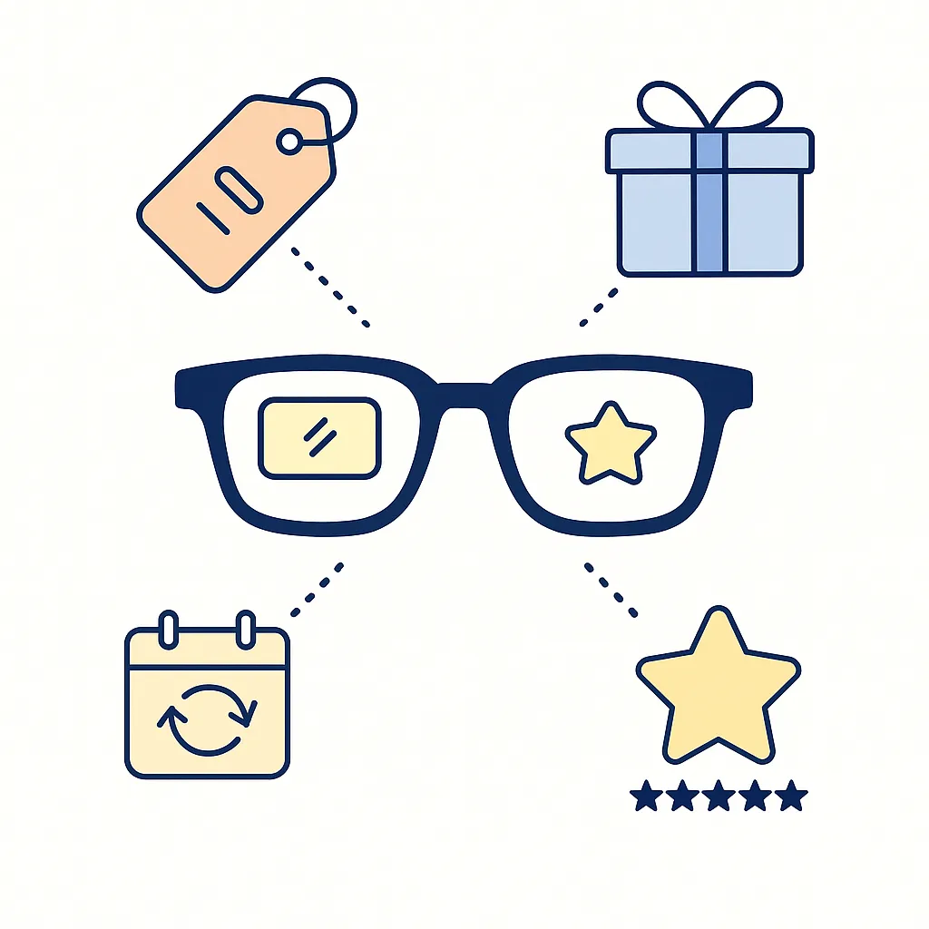 Smart glasses connected to price tag, gift box, subscription calendar and five-star rating icons, conveying cost and value considerations.