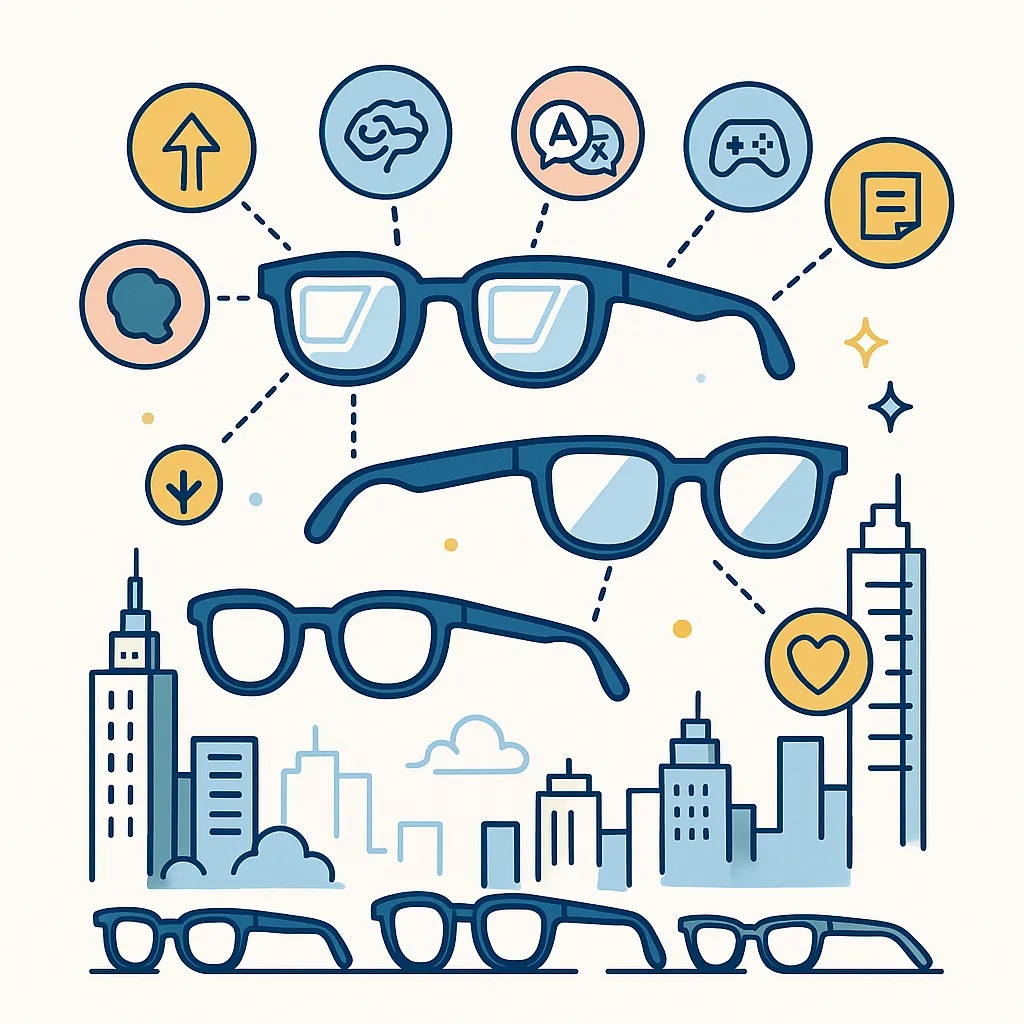 Collection of various smart glasses above a city skyline with icons for navigation, cognition, translation, gaming and sustainability.