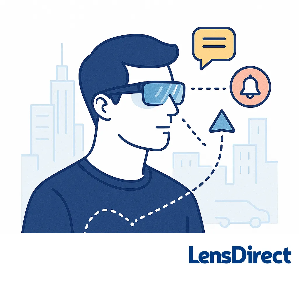 Stylized man wearing smart shades receives speech, bell and directional prompts in an urban skyline, illustrating hands-free notifications.
