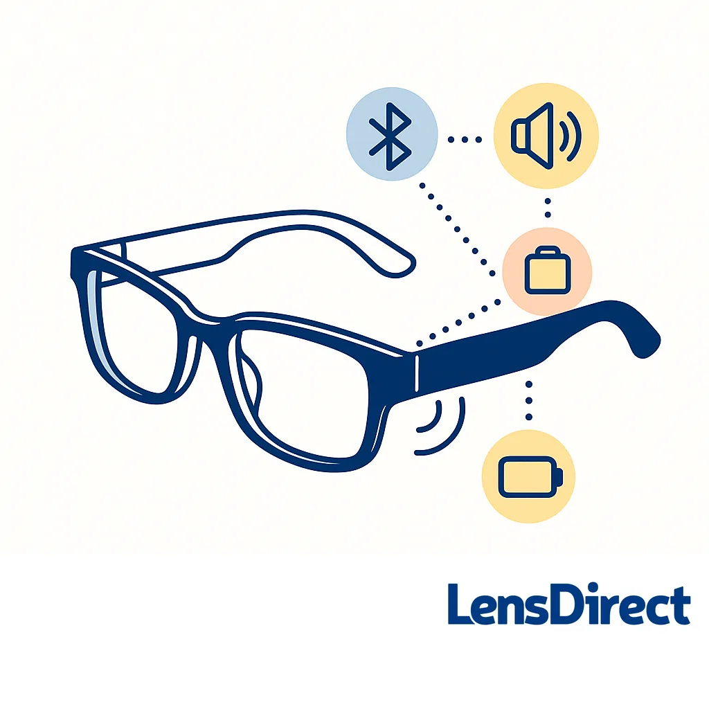 Simple glasses with icons for bluetooth, speakers, a protective case and battery life, showcasing essential convenience elements.