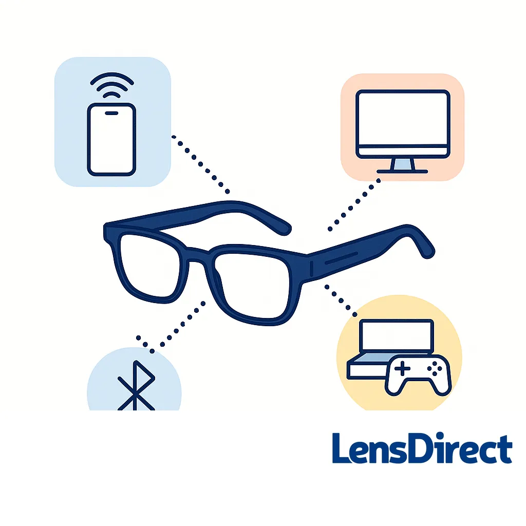 Smart glasses link to smartphone, desktop monitor, game console and wireless symbol, emphasizing cross-platform compatibility.