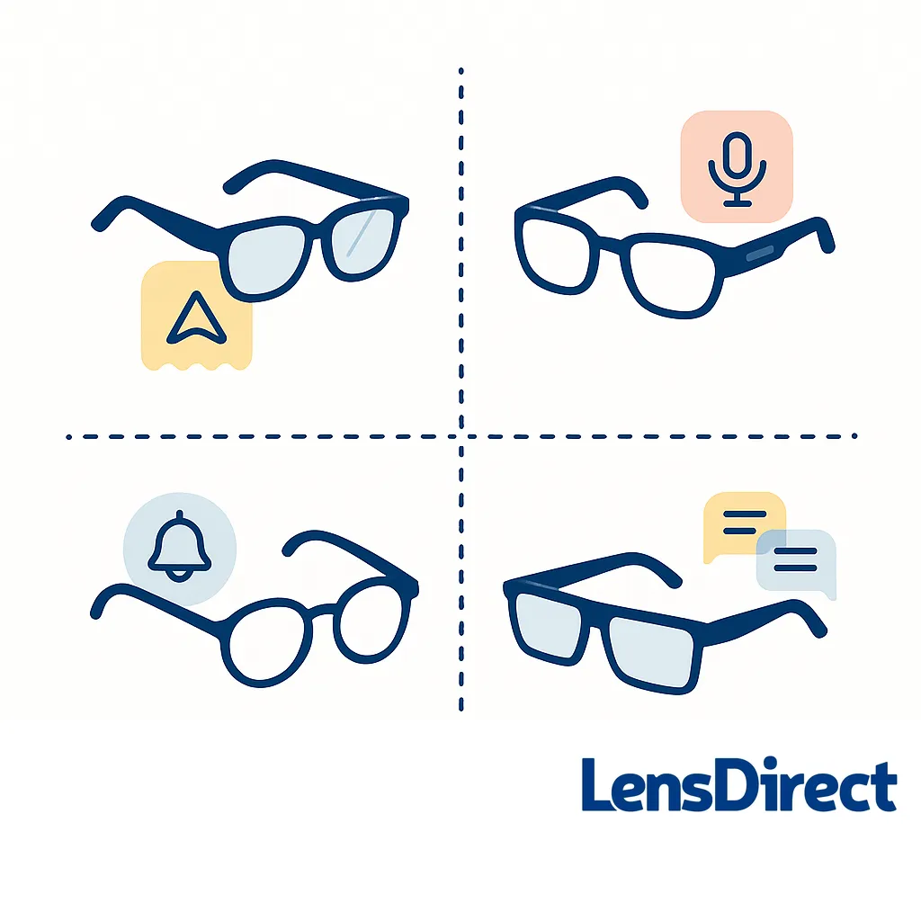 Four panels compare smart glasses models with navigation, microphone, alerts and messaging icons, conveying product diversity.