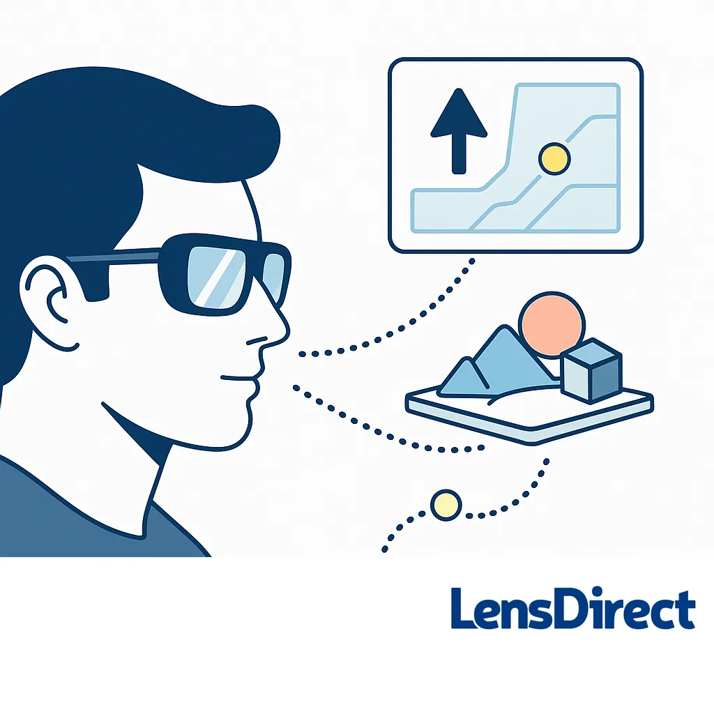 Profile view of a person wearing AR glasses seeing map directions and a 3-D landscape overlay, demonstrating immersive navigation.