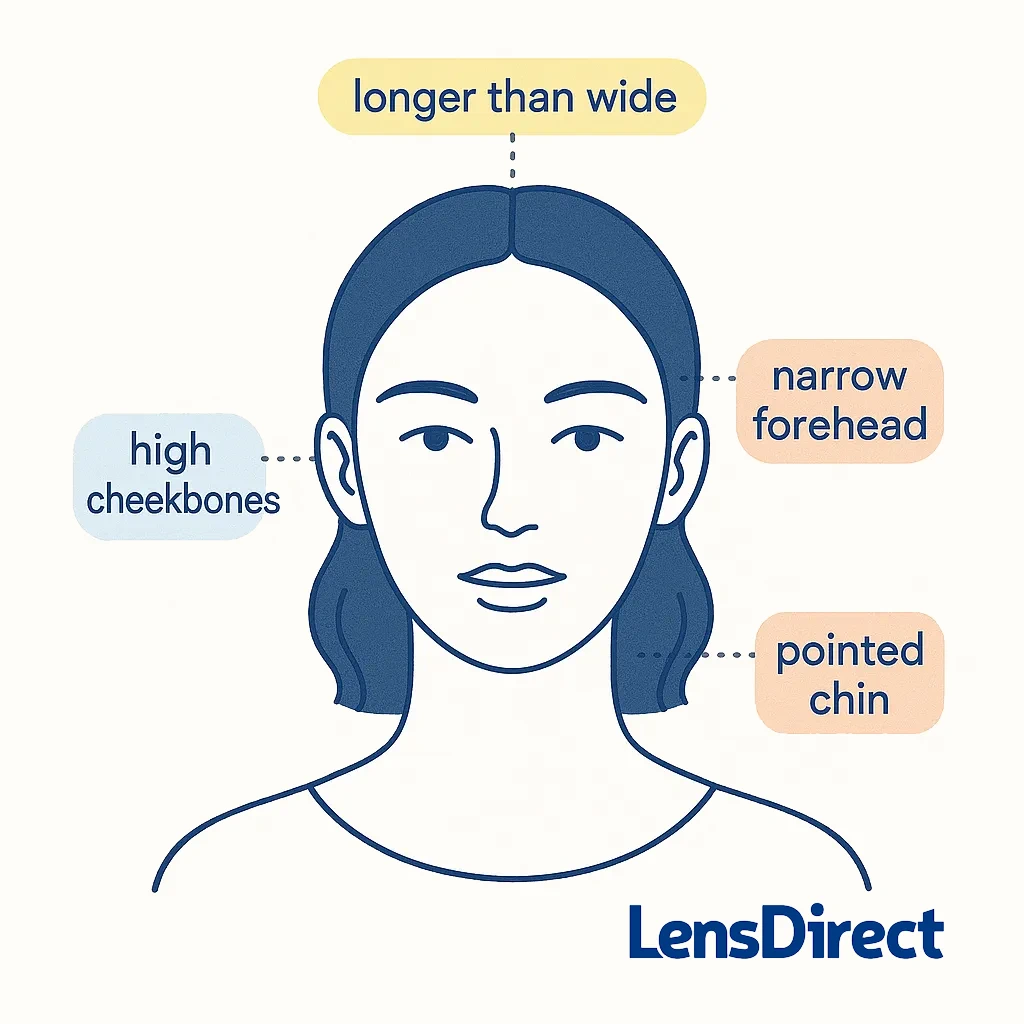 An illustrated diagram shows an oval face shape with callouts highlighting longer length, high cheekbones, narrow forehead and pointed chin.