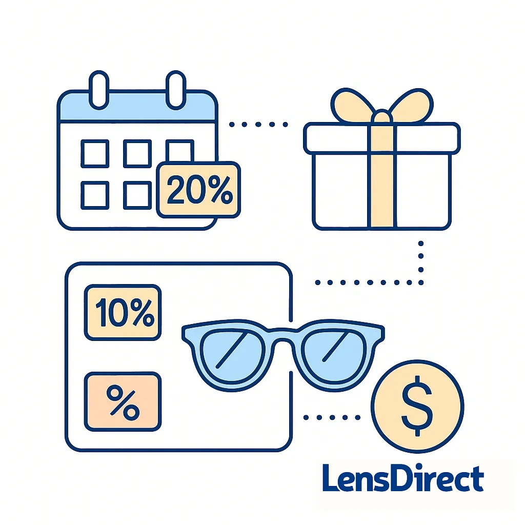 A calendar with 20% and 10% discount tags, a shipping box and dotted lines illustrates LensDirect’s subscribe and save program.
