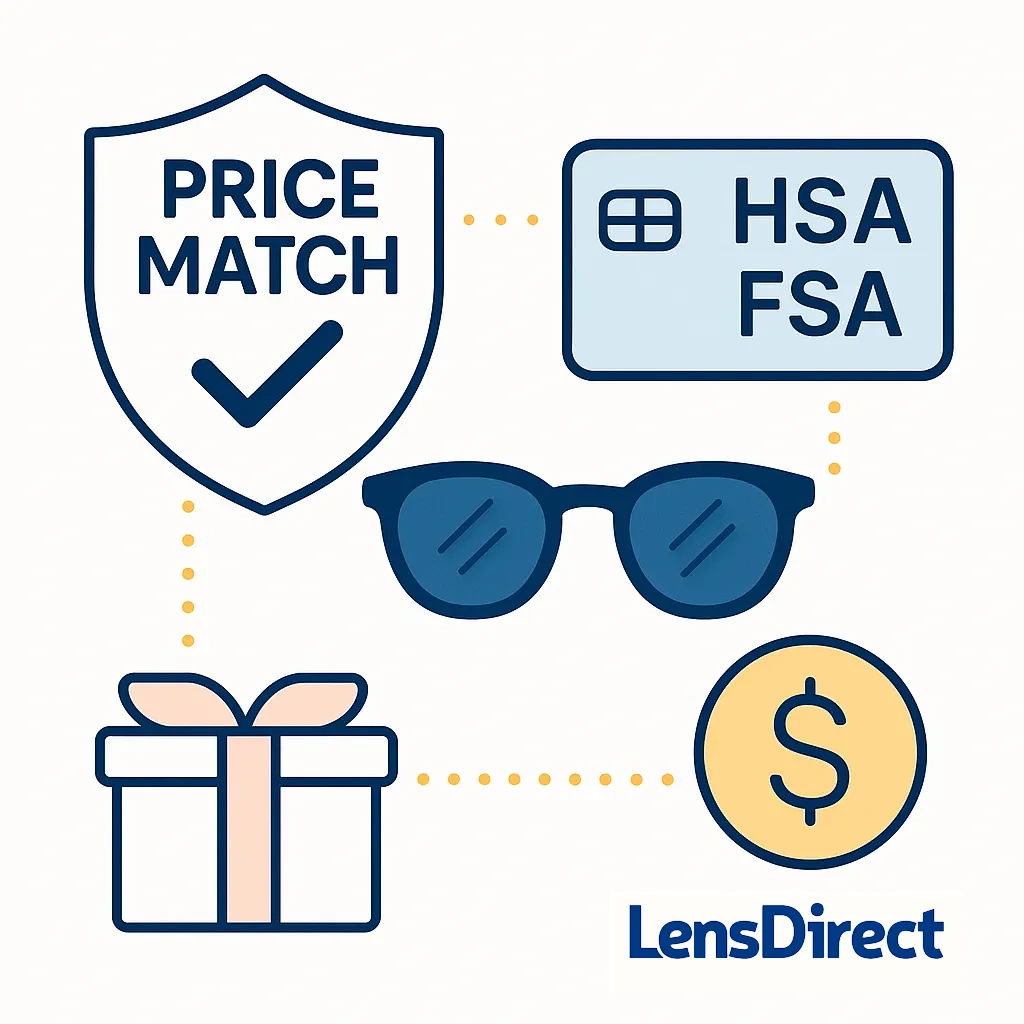 An illustration features a shield with price match checkmark and a health savings card connected to sunglasses, symbolizing guarantees and HSA/FSA cards.