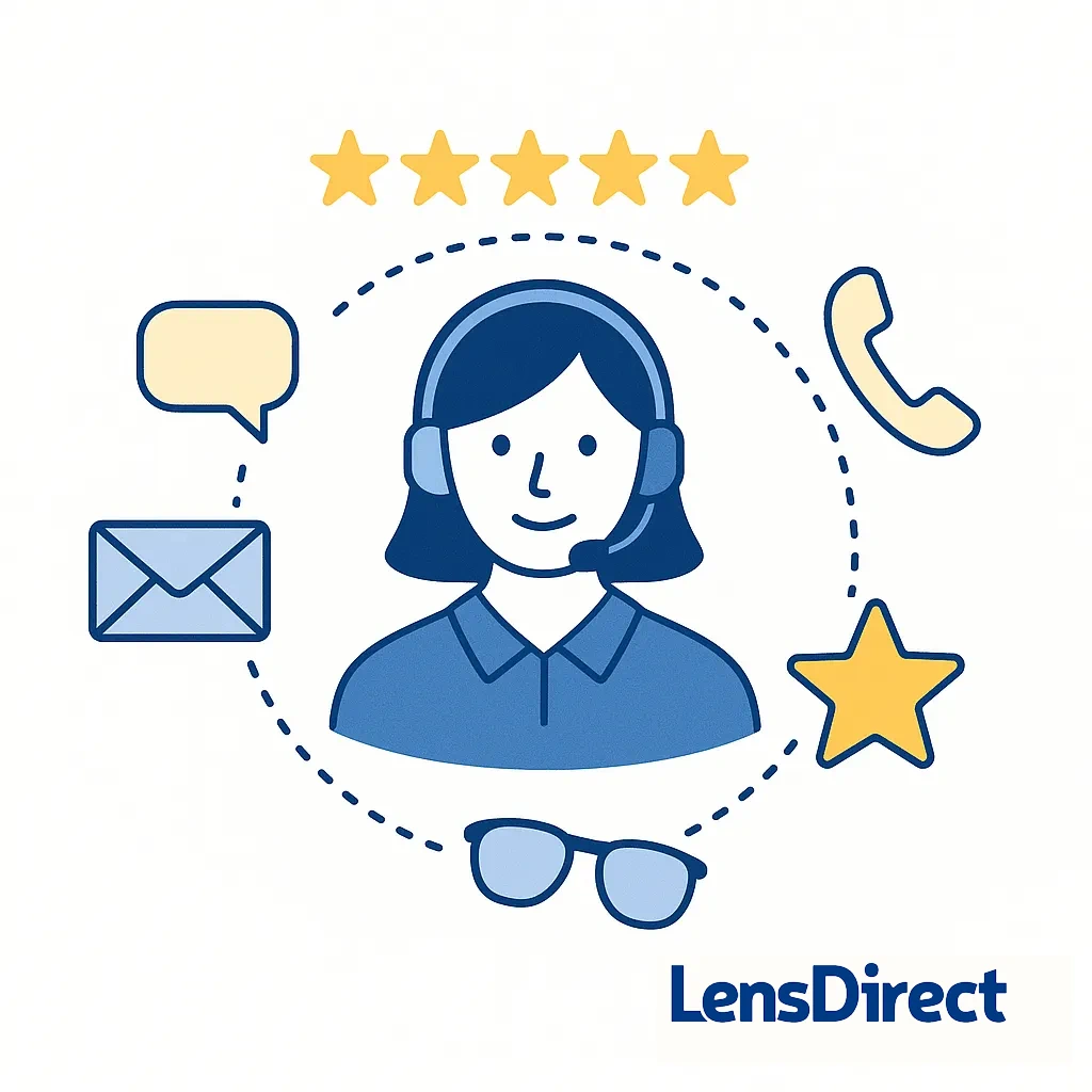A support representative with a headset is surrounded by chat, email, phone icons and five stars to depict LensDirect’s customer service rating.