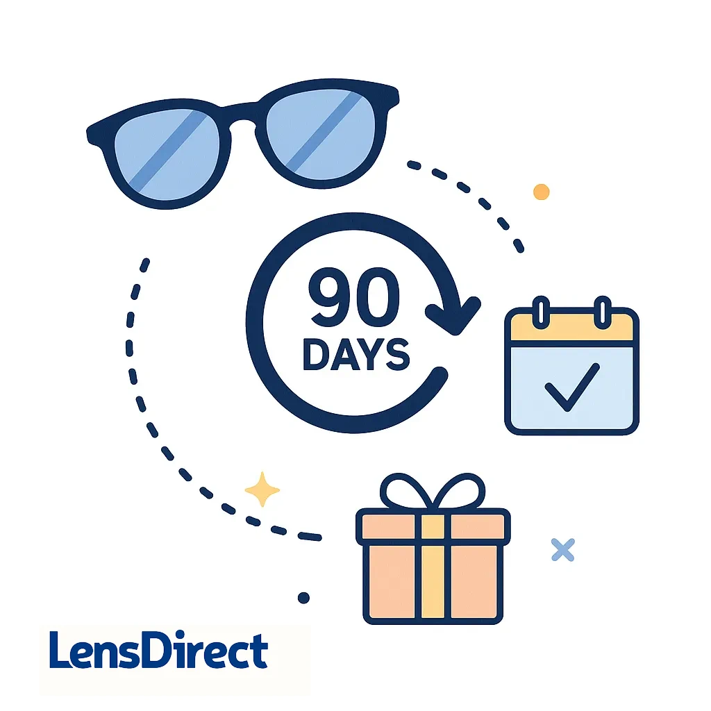 A circular arrow labeled 90 days connects sunglasses, a calendar and a box, representing LensDirect’s ninety-day return policy.