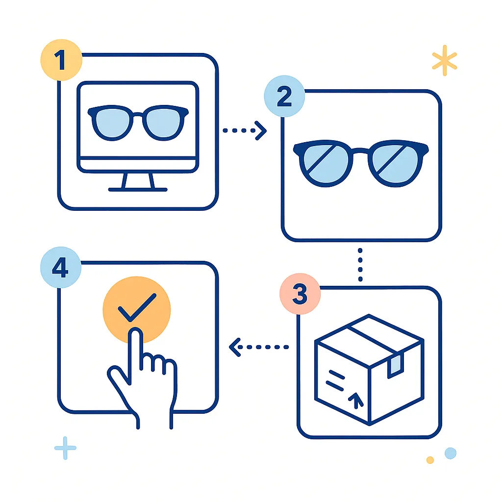 A four-step infographic uses icons for selecting frames, sunglasses, shipping and checkout with numbered circles and dotted arrows.