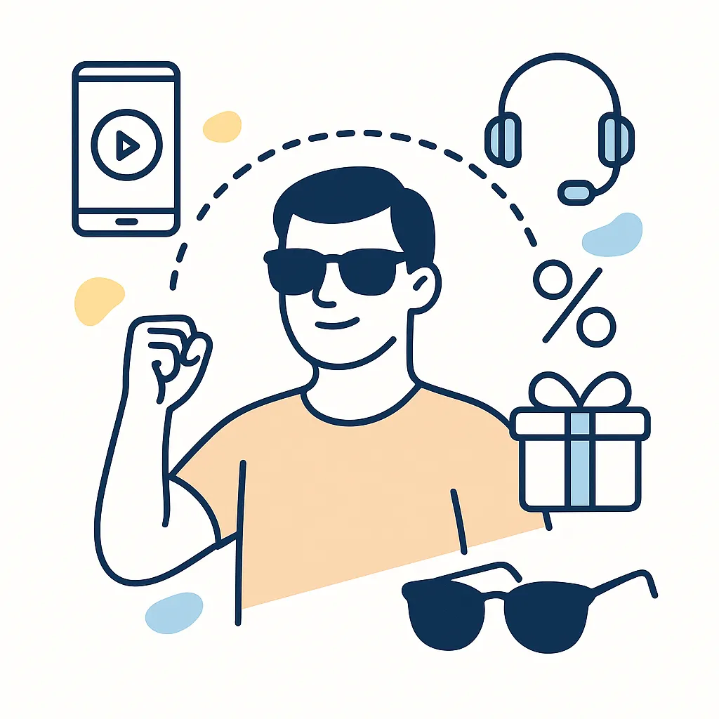A confident person wearing sunglasses is surrounded by icons for virtual try-on, savings and customer support connected by dotted lines.