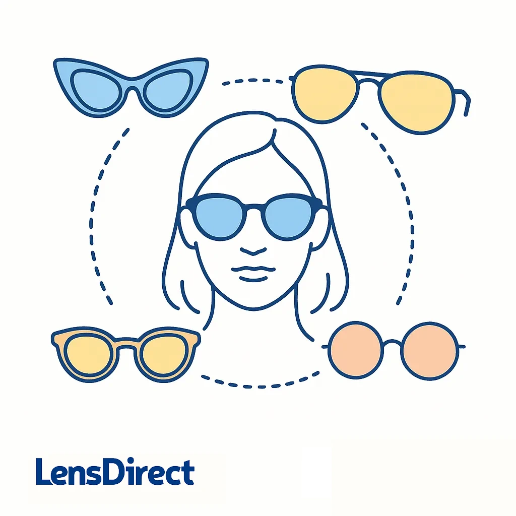 A minimalistic illustration depicts an oval face surrounded by cat-eye, aviator, and round sunglasses connected by dotted lines.